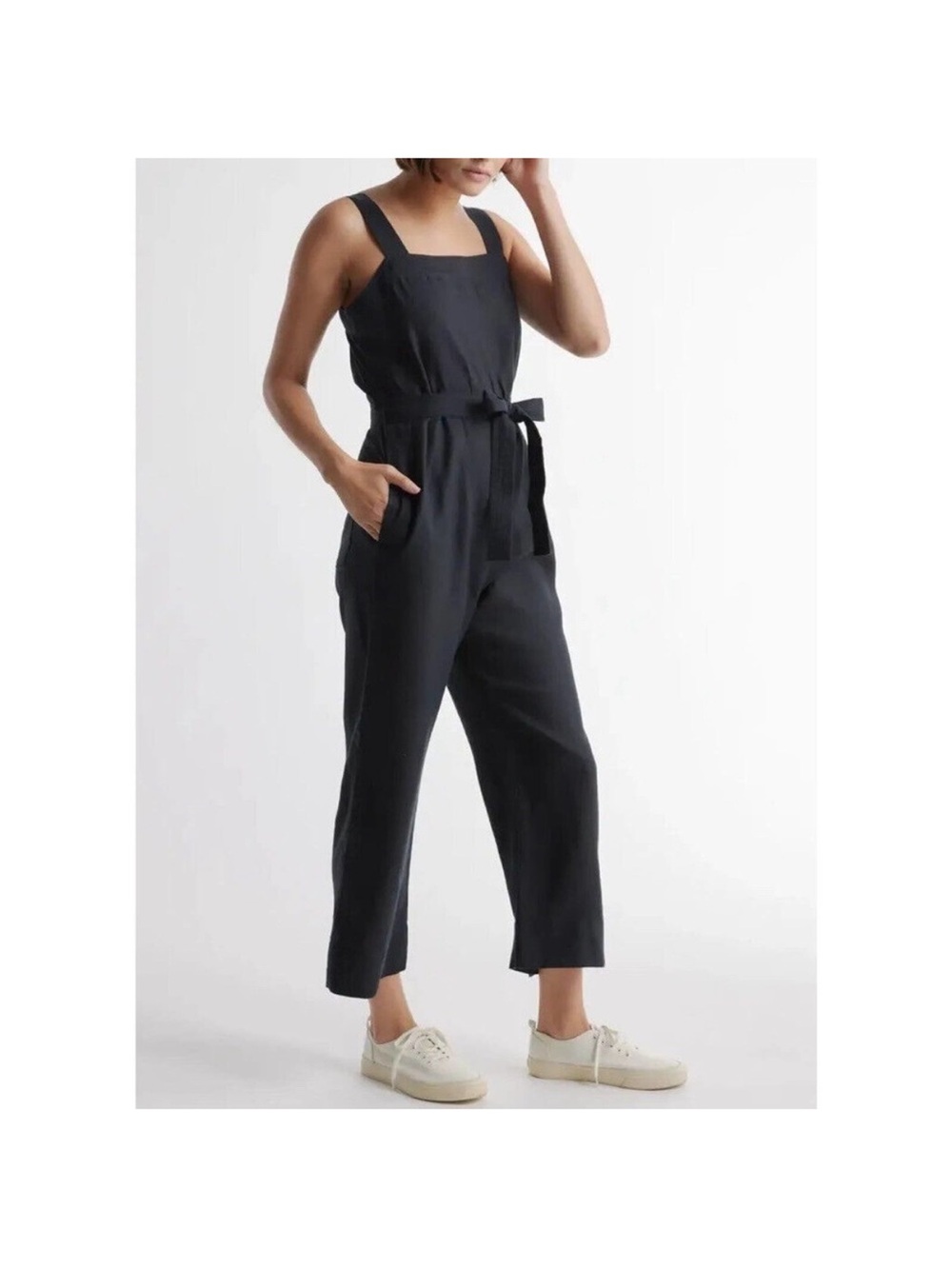 Quince Linen Black Square-Neck Jumpsuit with Waist Tie small
